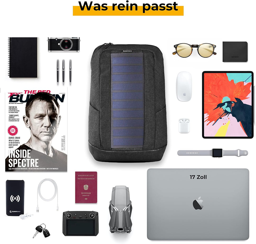 SUNNYBAG Iconic Solar-Rucksack mit integriertem 7 Watt Solar-Panel | USB-Anschluss | Wireless-Chargi