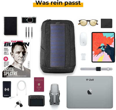 SUNNYBAG Iconic Solar-Rucksack mit integriertem 7 Watt Solar-Panel | USB-Anschluss | Wireless-Chargi