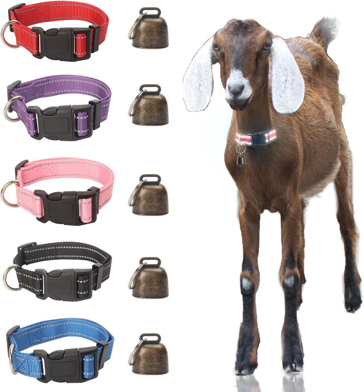 5 Stück Ziegenhalsband mit Glocke, reflektierendes, verstellbares Nylon-Halsband-Set, Schafhalsband