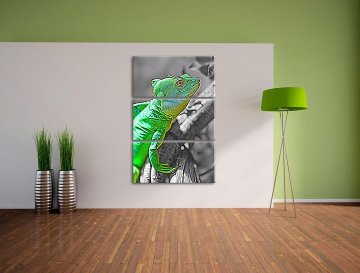 schönes kleines Chamäleon schwarz/weiss Deluxe 3-Teiler Leinwandbild 120x80 Bild auf Leinwand, XXL r