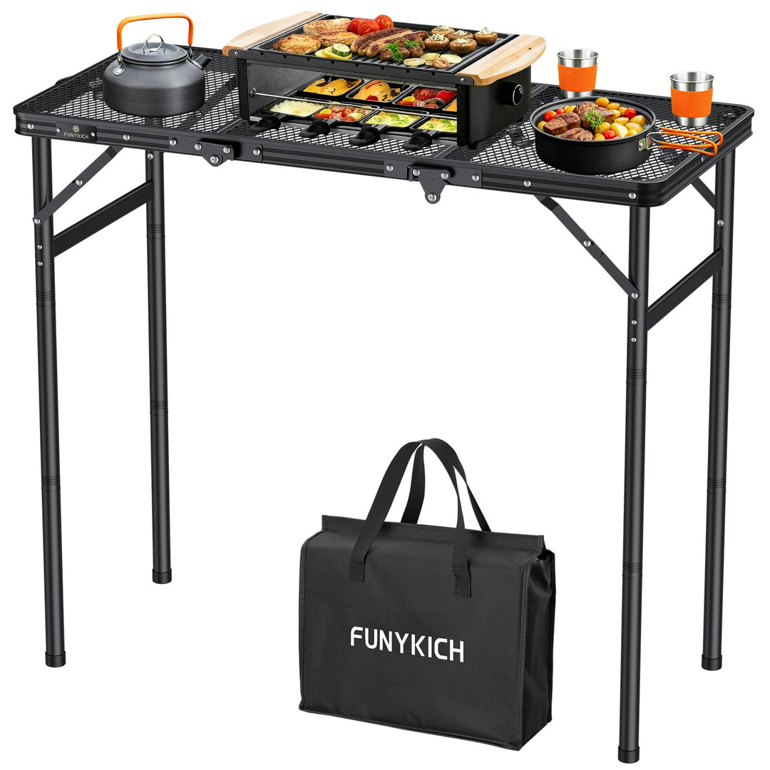 FUNYKICH 3ft Tragbarer Grilltisch 90 x 40cm, Campingtisch Outdoor Klappbar mit 3 Höhen Verstellbarer