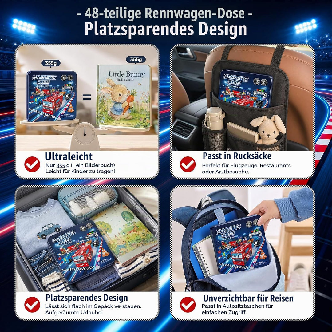 Magnetbausteine Jungen Reise: 48pcs Rennsport-Set in Reise Metalldose – N32 Starke Magnete für siche