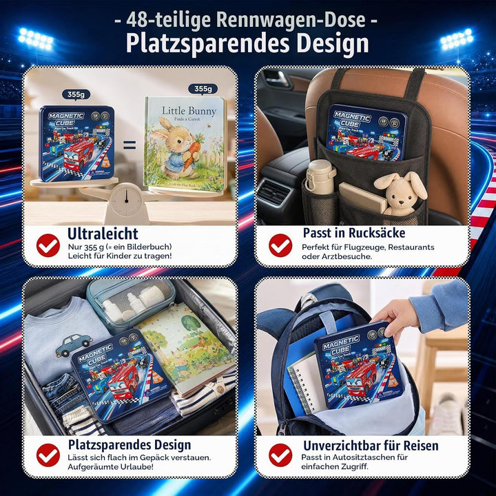 Magnetbausteine Jungen Reise: 48pcs Rennsport-Set in Reise Metalldose – N32 Starke Magnete für siche