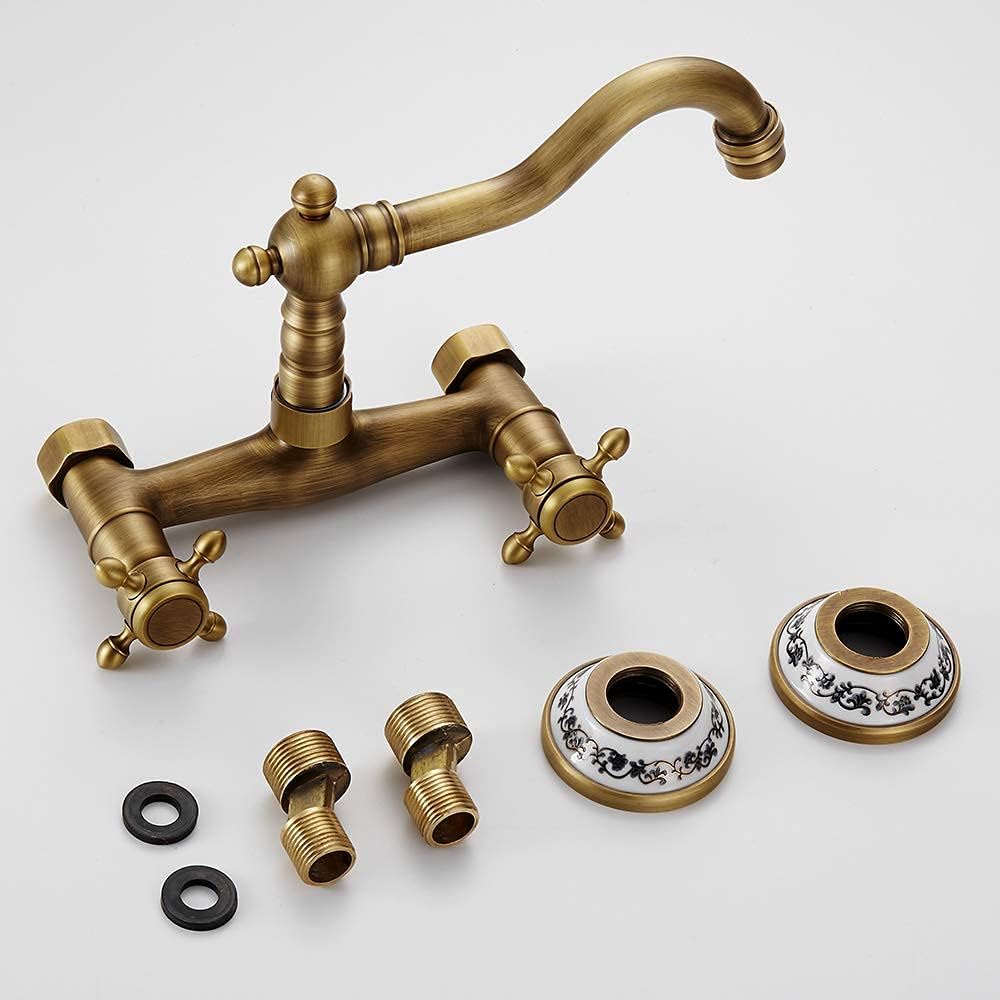 Küchenarmatur, Wandmontage, Antik-Bronze, 360 ° drehbar, doppelte Kontrolle, Pflaume mit Kreuzlenkra