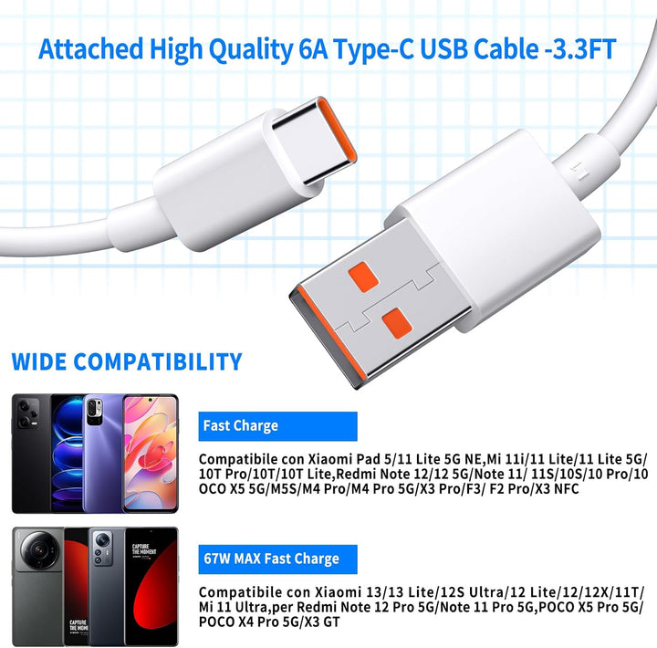 67W Zigarettenanzünder USB Ladegerät mit USB C Kabel 1M für Mi Turbo Charge Auto Schnellladegerät Tu
