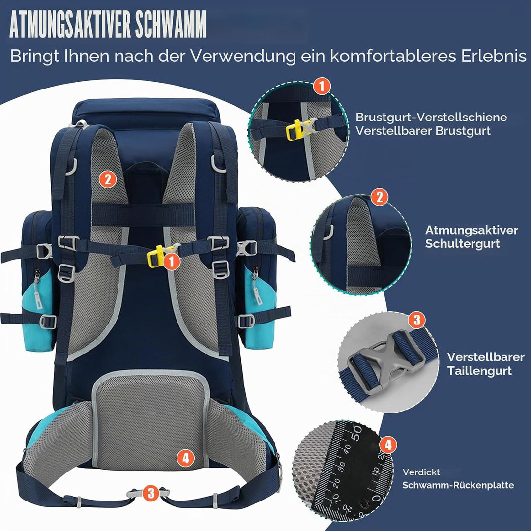 Bseash 70L (65+5) Wasserdichter Wanderrucksack mit Regenschutz, Outdoor-Sport, Reisen, Tagesrucksack
