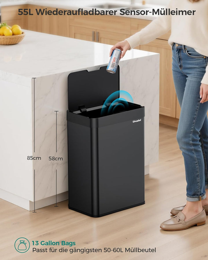 lovewind 55L Berührungsloser Küchenmülleimer, Edelstahl Sensor Mülleimer, Type-C Aufladbar, Leiser S