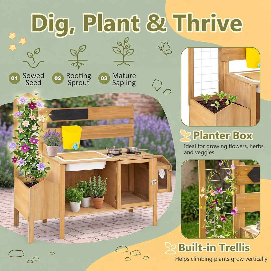 DREAMADE Matschküche Kinder Outdoor, Mud Kitchen Holz | Küche Kinder mit Rankgitter, Pflanzkasten &amp;
