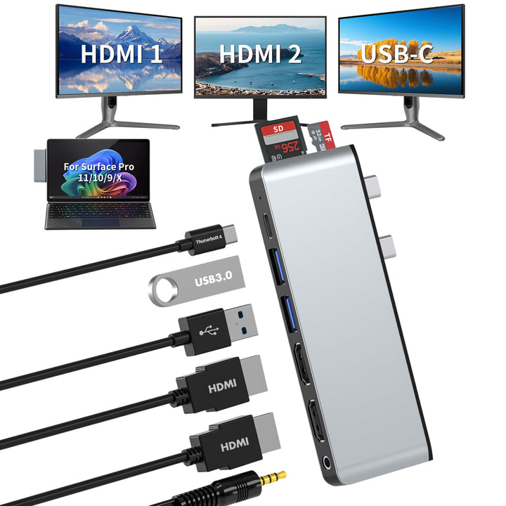 Surface Pro 11/10/9 Hub Dockingstation mit Dual HDMI 4K@60Hz, USB C Thunerbolt 4 (8K Video+40Gbps+10