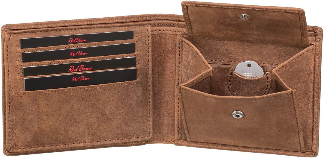 Red Baron Portemonnaie Geldbörse Herren Used Look Vintage Braun - mit Fach für EIN Einkaufswagenchip