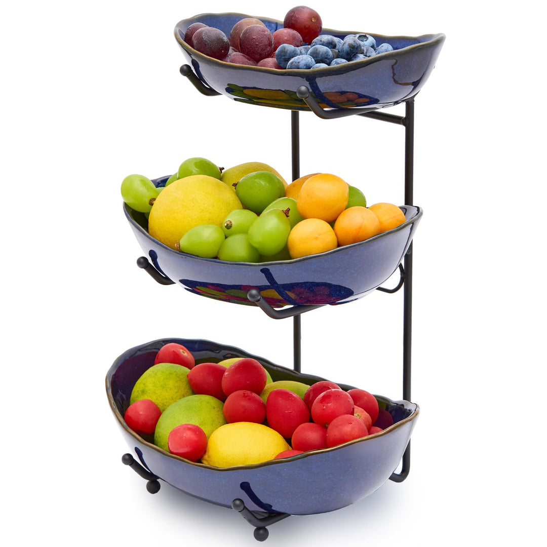 DUJUST Obst Etagere 3 Etagen, 3-stöckige Keramik Obstschale Modern mit Ofengebrannter Glasur, Platzs