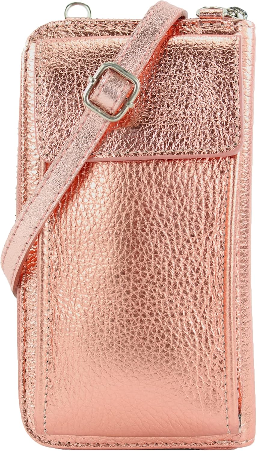 modamoda de - P06 - ital. Damen Umhängetasche Geldbörse Handytasche Leder Roségold-metallic, Roségol