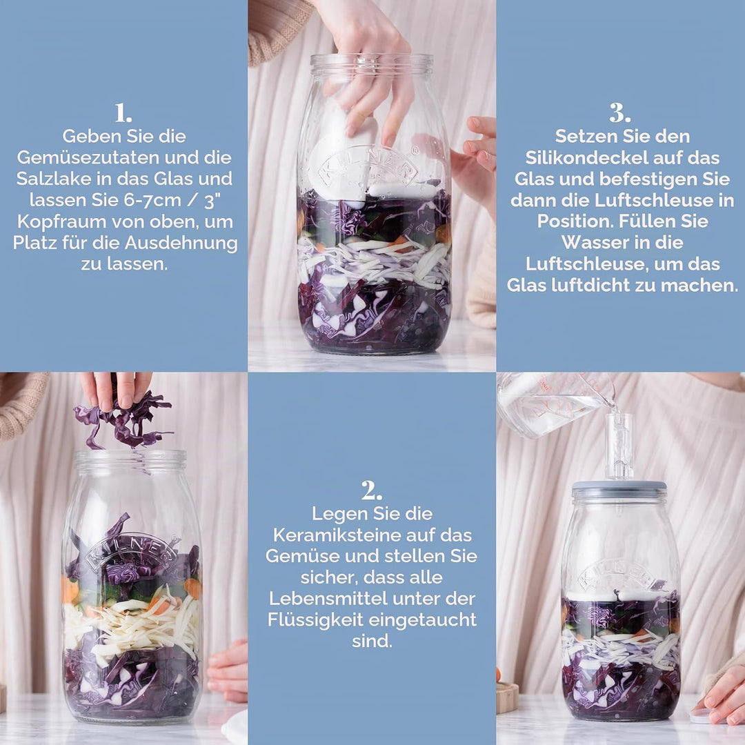 KILNER Fermentier Set, 3 Liter Glas mit Gärungsdeckel, einfaches Haltbarmachen von Gemüse, 1x Kilner
