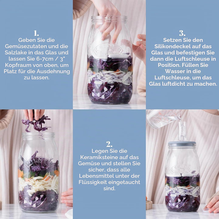KILNER Fermentier Set, 3 Liter Glas mit Gärungsdeckel, einfaches Haltbarmachen von Gemüse, 1x Kilner