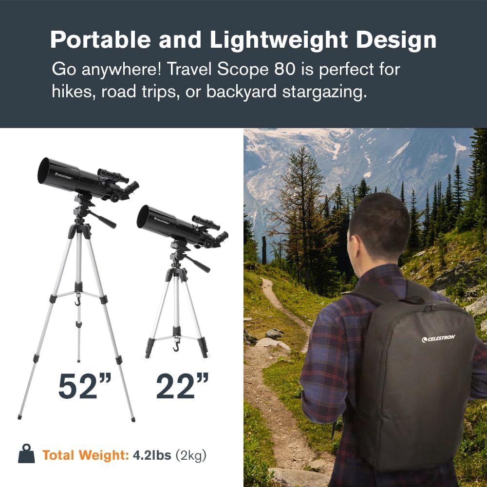 Celestron 22030 Travel Scope tragbares Refraktor-Teleskop 80 mm Linse mit vollvergüteter Glasoptik,