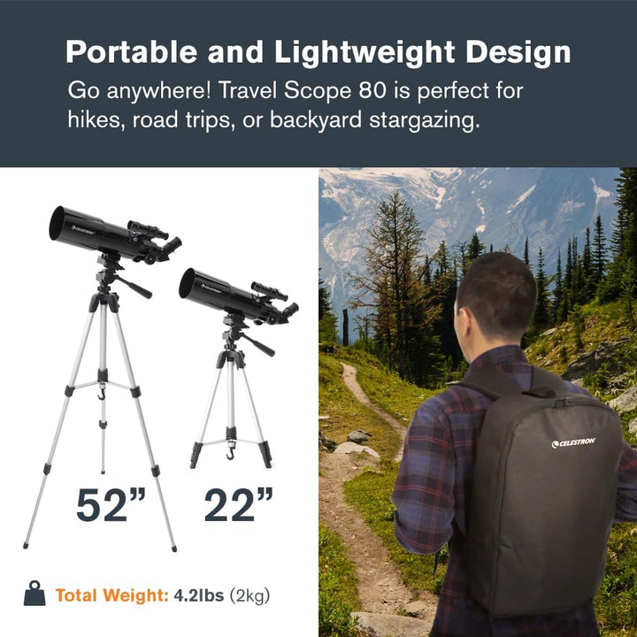 Celestron 22030 Travel Scope tragbares Refraktor-Teleskop 80 mm Linse mit vollvergüteter Glasoptik,