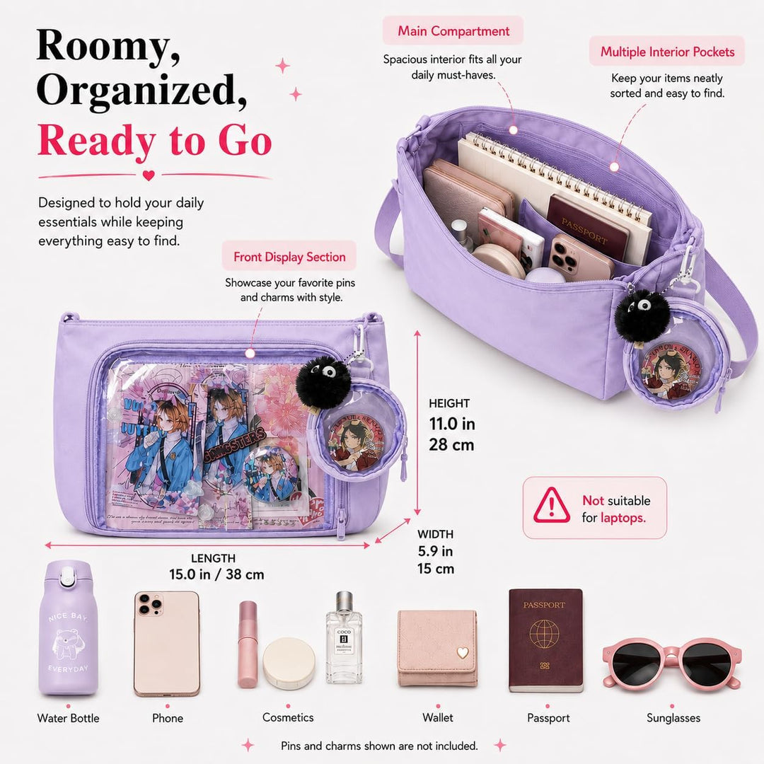 Ita Crossbody Tasche für Damen, Nylon Schultertasche mit transparentem Display-Fenster und herausneh