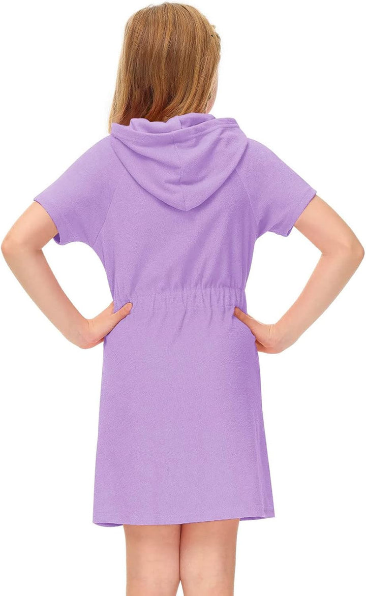 Mädchen Kurzarm Frottee Badeponcho mit Seitentaschen Lila Reissverschluss Surf Poncho, Kapuzen-Badem