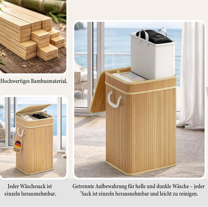 AdelDream Wäschekorb 100L Bambusoptik mit Deckel & Griffen, 2-Fach Wäschesammler Faltbar, Wäschebox