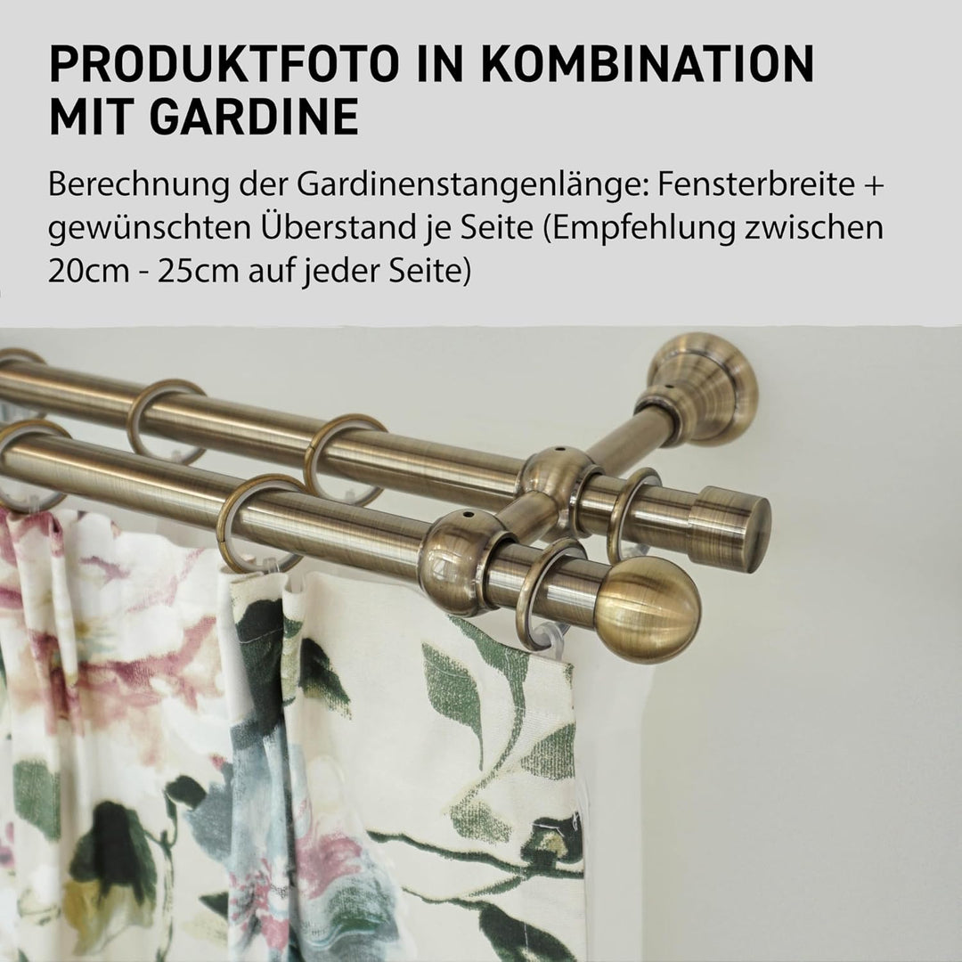 Garesa Gardinenstange Andrea Ø 20mm, 2-läufig, Messing, antik I Stabile Vorhangstange inkl. Ringe +