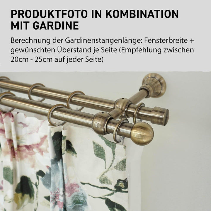 Garesa Gardinenstange Andrea Ø 20mm, 2-läufig, Messing, antik I Stabile Vorhangstange inkl. Ringe +