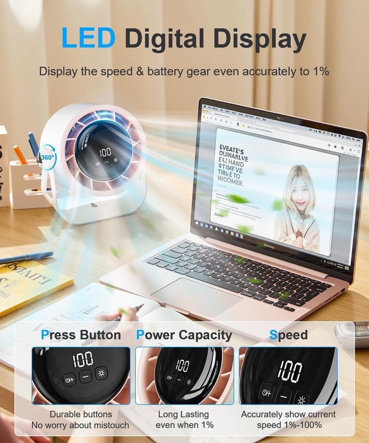 Macchiatto Tischventilator USB mit Akku, Leiser Mini Ventilator, 4 Geschwindigkeiten, 360° Verstellb