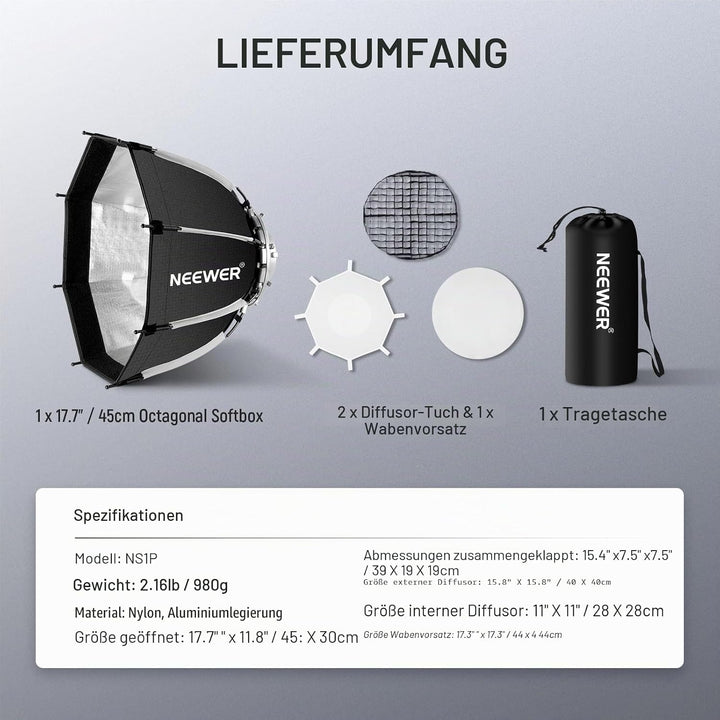 NEEWER 45cm Octagon Softbox Bowens Halterung, Schnellverschluss Achteckige Softbox, Diffusoren/Waben