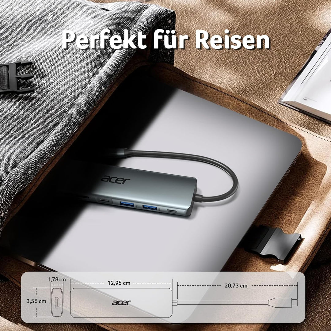 acer USB C Hub, 7IN1 USB-C auf 4K HDMI, 2xUSB 3.0, 1x Typ C 5Gbps, 100W PD, SD/TF Katenleser, Alumin