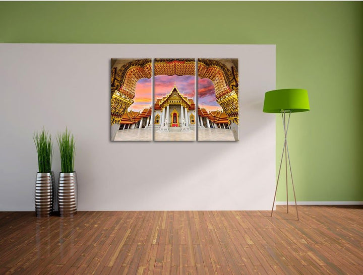 Pixxprint Marmortempel von Bangkok als Leinwandbild | Grösse: 3 Teilig (120x80) | Wandbild| Kunstdru