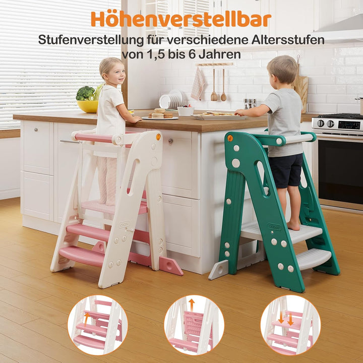 Onasti Lernturm für Kinder mit Sicherheitsgeländer, Lernturm Klappbar, Höhenverstellbar, Learning To