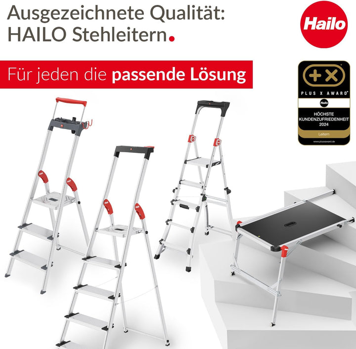 Hailo L60 StandardLine Alu Sicherheits-Stehleiter - klappbare Leiter mit 3 Stufen und Ablageschale -