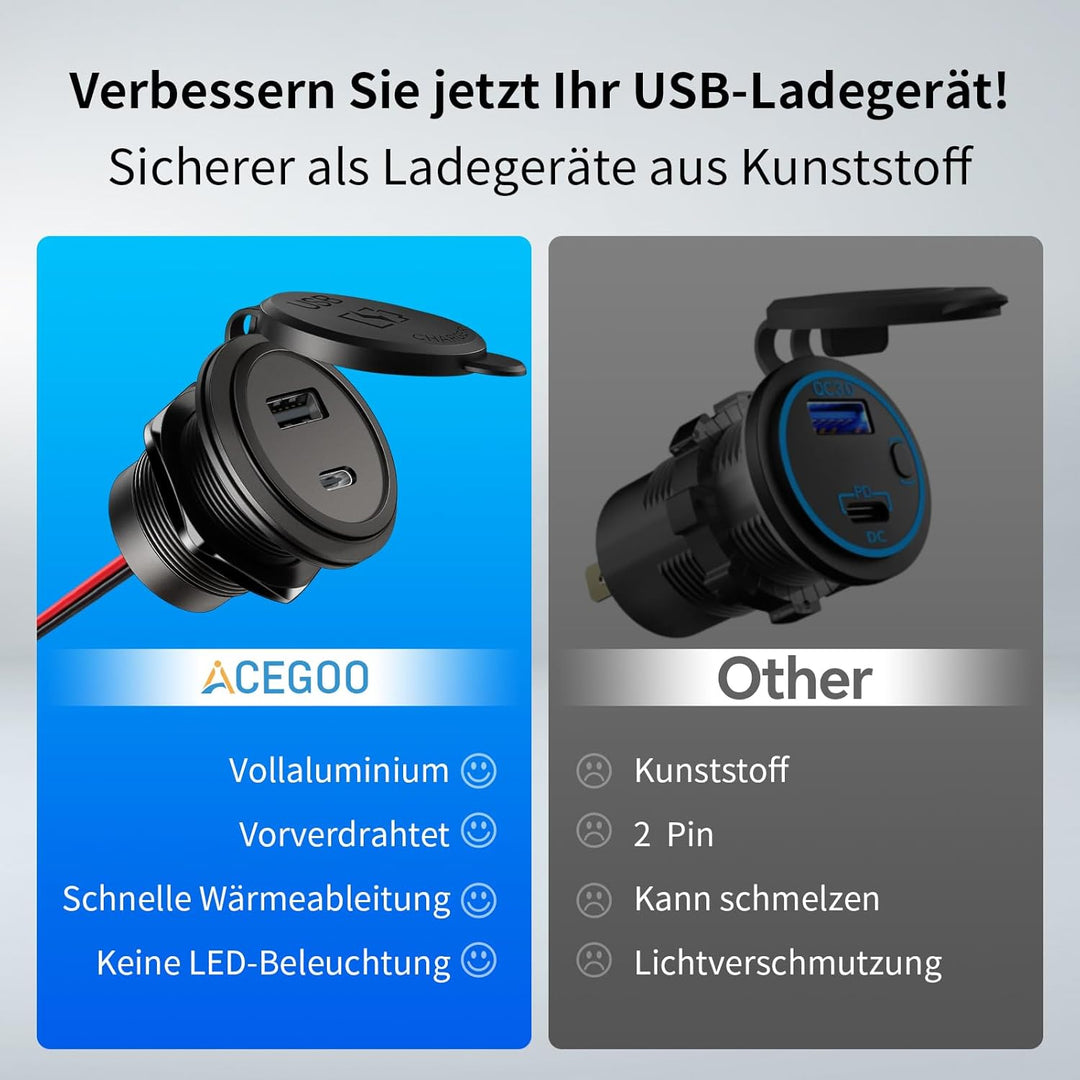 acegoo USB C Steckdose 12V Auto Wohnmobil 48W, Typ C Buchse Einbau Dose Aluminum Wasserdicht 12 Volt
