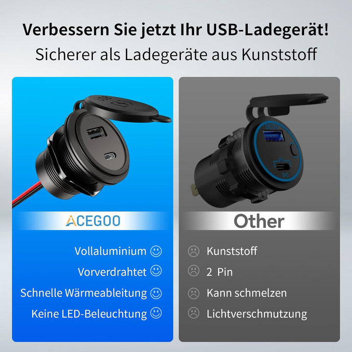 acegoo USB C Steckdose 12V Auto Wohnmobil 48W, Typ C Buchse Einbau Dose Aluminum Wasserdicht 12 Volt