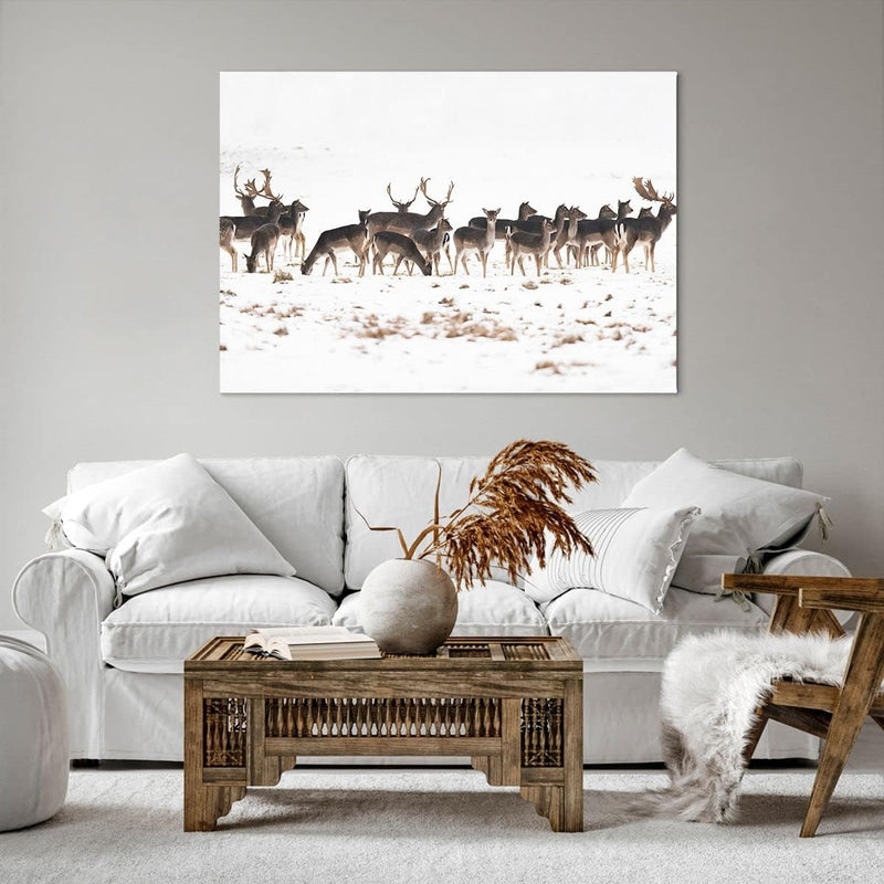 Bilder auf Leinwand 100x70cm Leinwandbild Hirsch Winter Tierwelt Landschaft Gross Wanddeko Bild Schl