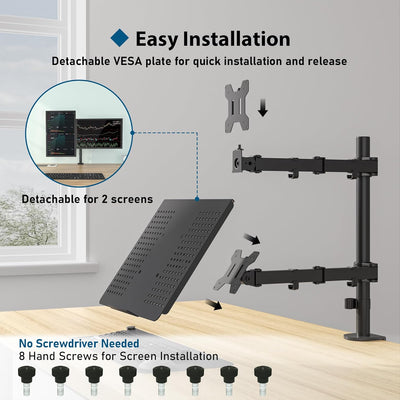 BONTEC Monitor Halterung mit Laptop Arm für 13-27 Zoll LCD LED Bildschirm bis zu 15,6“ Notebook, Nei