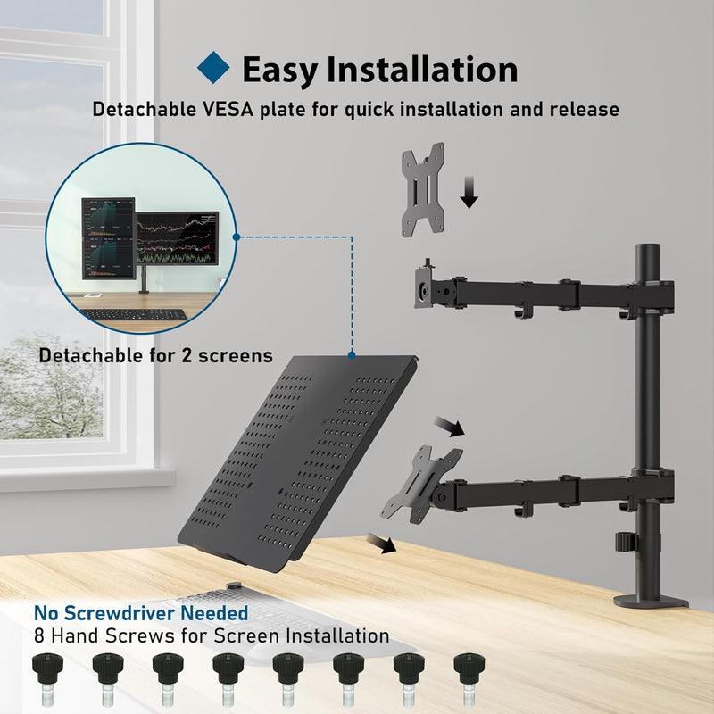 BONTEC Monitor Halterung mit Laptop Arm für 13-27 Zoll LCD LED Bildschirm bis zu 15,6“ Notebook, Nei