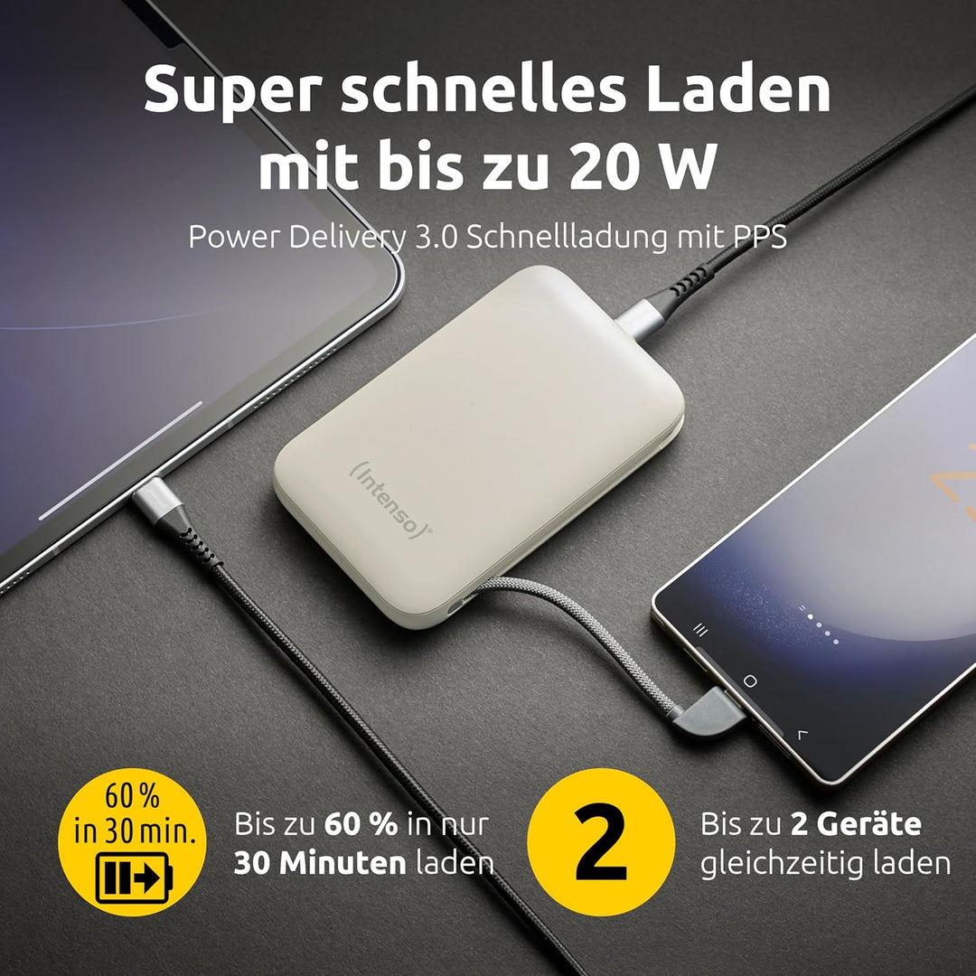 Intenso S10000 Powerbank mit integriertem USB-C Kabel, 10.000 mAh, Ultra schnelles Laden mit PD 3.0