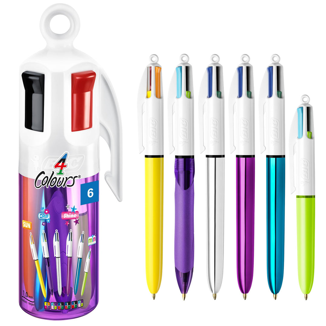 BIC 4 Farben Kugelschreiber Set 4 Colours, 6er Stifte Set in lila Stiftebecher, Geschenkidee für Sam