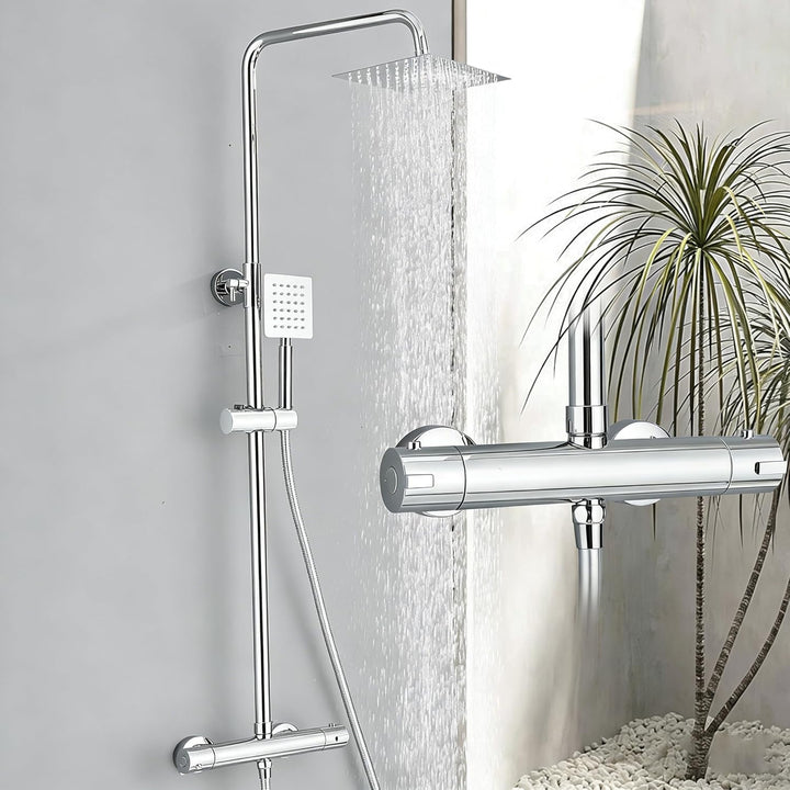Thermostat Regendusche Komplettset Chrom Edelstahl Duscharmatur mit 20cm Überkopfbrause Höhenverstel