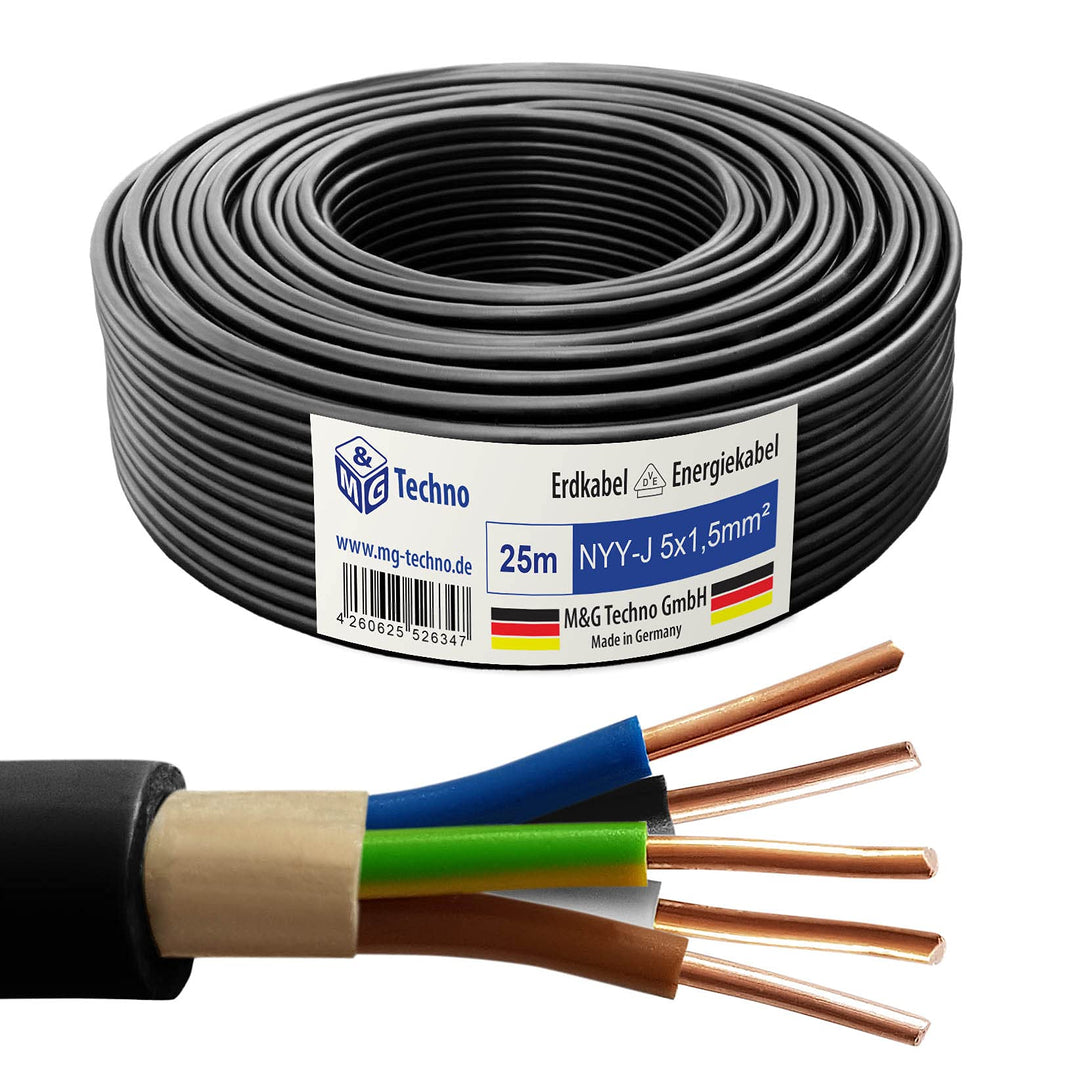 M&amp;G Techno 25m NYY-J 5x1,5 mm² Erdkabel Elektrokabel Beton und Freien Kupfer Made in Germany Schwarz
