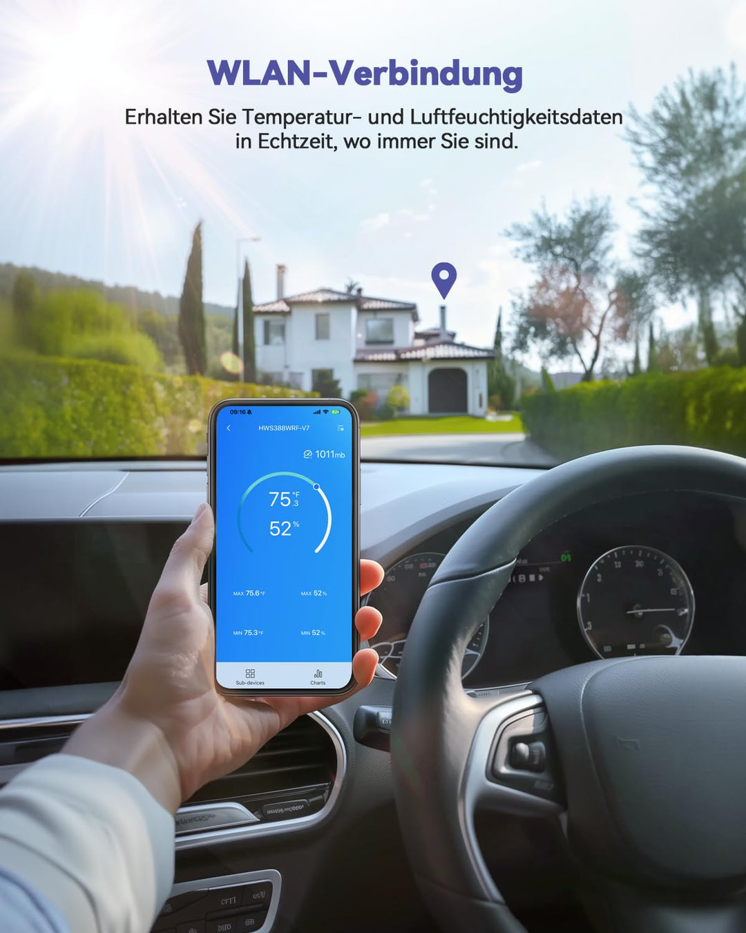 BALDR WLAN-Wetterstation mit App, 7,5-Zoll-Farbdisplay, 3 drahtlose Sensoren, kabellose Wetterstatio