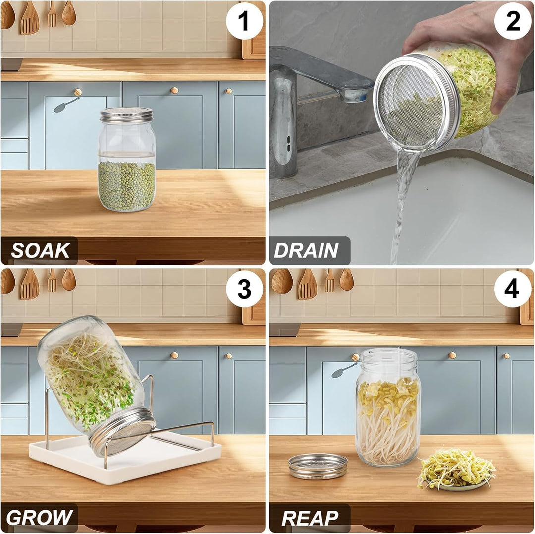 Sprossenglas, Sprossen Keimglas 2er Set, Sprouting Jar mit Deckel, Sieb & Abtropfschale, Sprossen Ke