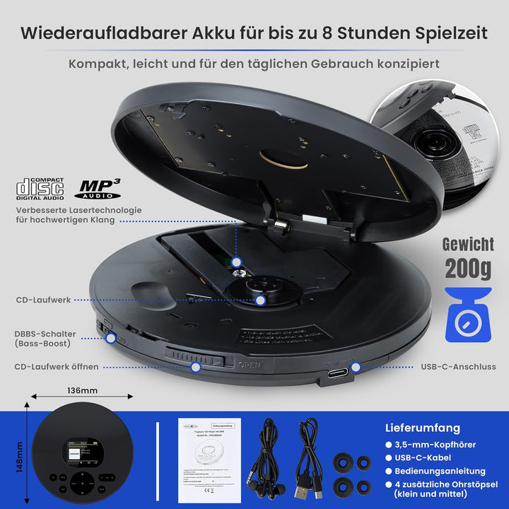 Reflexion PCD540DAB Tragbarer CD-Player, Discman, Walkman mit DAB+/PLL-FM-Radio - Antishock-System -