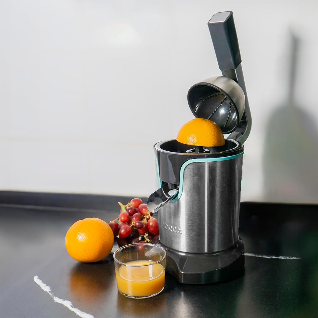 JOCCA Elektrische Zitruspresse mit Hebel, 600 W, Fassungsvermögen 0,4 l, 2 austauschbare Kegel, Filt