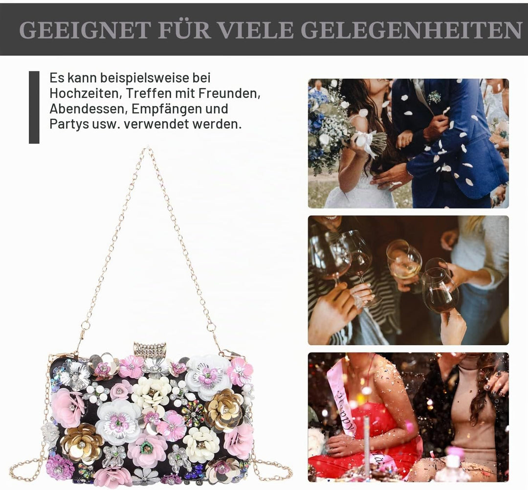 Fecialy Blumen-Clutch-Abendtaschen für Damen mit bunten Blumen-Metall-Strasssteinen Abend-Clutch-Gel