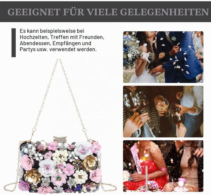 Fecialy Blumen-Clutch-Abendtaschen für Damen mit bunten Blumen-Metall-Strasssteinen Abend-Clutch-Gel