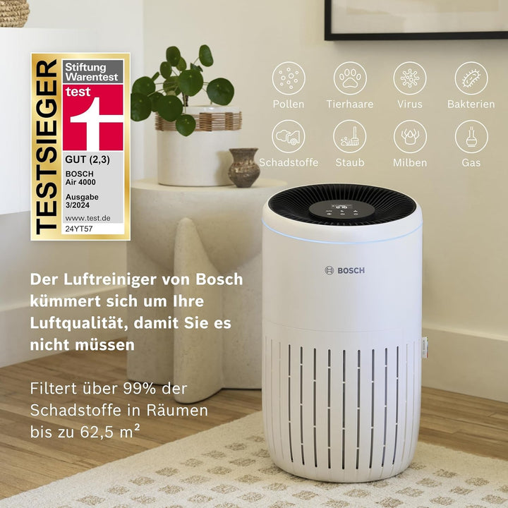 Bosch Air 4000, Luftreiniger für bis zu 62,5 m² entfernt 99,9% aller Verschmutzungen, 3in1 Filter in