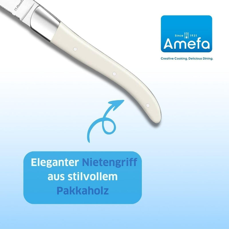 Amefa Lou Laguiole Steakmesser-Set 6-teilig | Griffe Weiss | Mikro-Wellenschliff mit langanhaltender