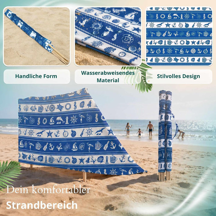 Strandparavent Mikrofaser | Windschutz 80cm | Marine Muscheln 12m | Robuste Holzstäbe | Vernäht | Ho