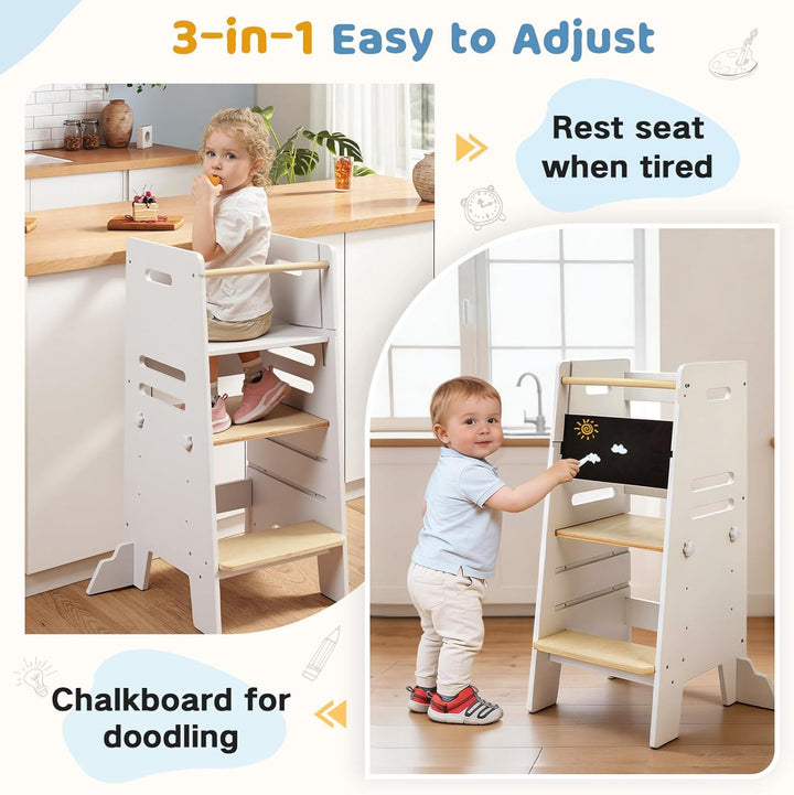 Labebe Montessori Lernturm ab 1 Jahr, 3-in-1 Learning Tower mit Tafel & Sitzbrett, 3-Fach höhenverst